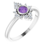 14K Gold Round Natural Amethyst Halo-Style Ring – 4mm Stones - White Gold