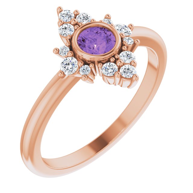 14K Gold Round Natural Amethyst Halo-Style Ring – 4mm Stones - Rose Gold