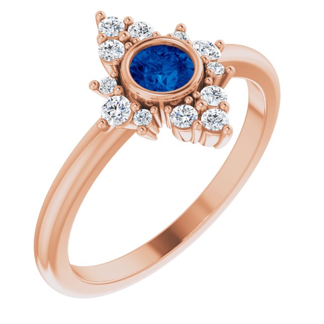 14K Gold Round Natural Blue Sapphire Halo-Style Ring - Rose Gold