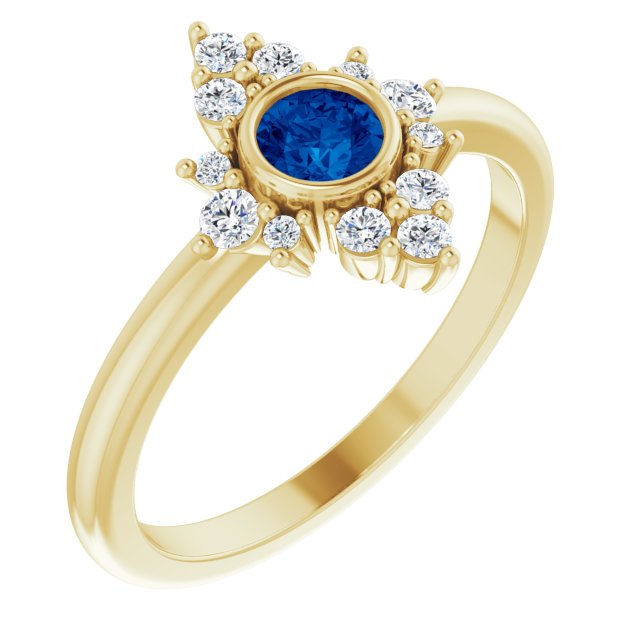 14K Gold Round Natural Blue Sapphire Halo-Style Ring - Yellow Gold