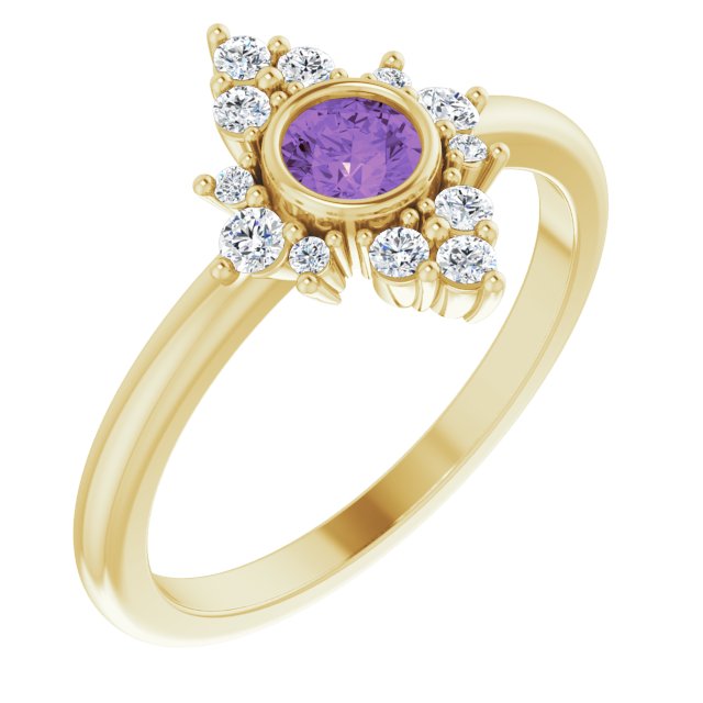 14K Gold Round Natural Amethyst Halo-Style Ring – 4mm Stones - Yellow Gold