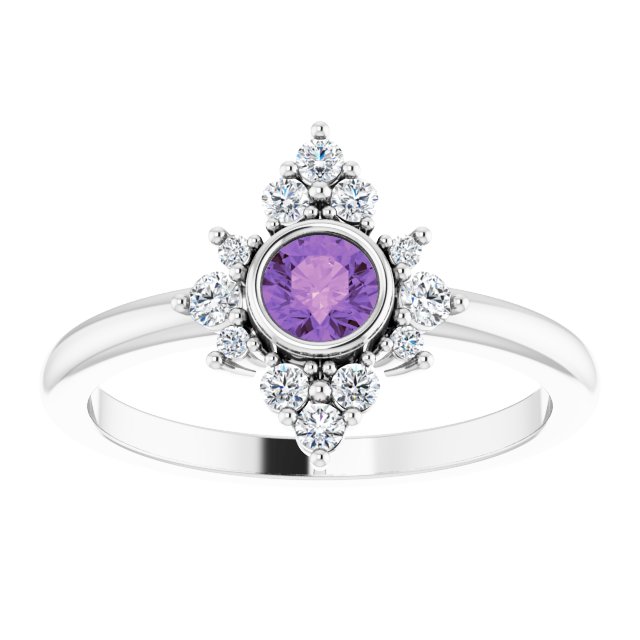 14K Gold Round Natural Amethyst Halo-Style Ring – 4mm Stones - White Gold - view 3