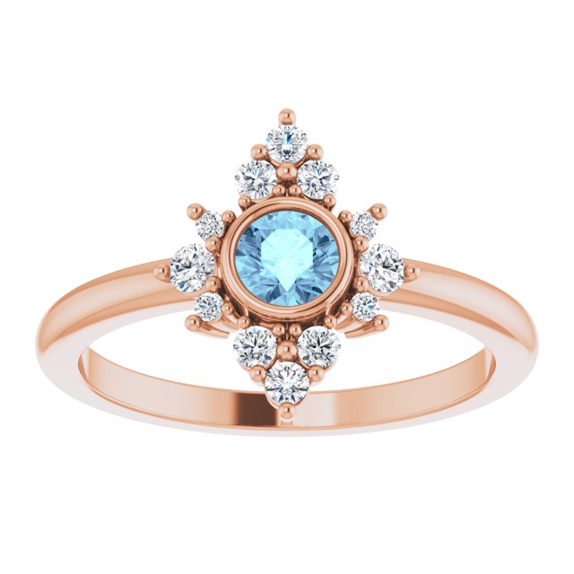 14K Gold Round Natural Aquamarine Halo-Style Ring - Rose Gold - view 3