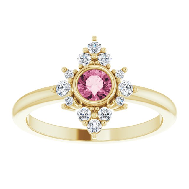 14K Gold Round Natural Pink Tourmaline Halo-Style Ring - Yellow Gold - view 3