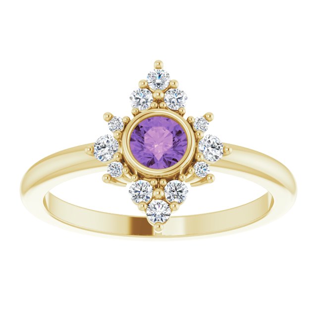 14K Gold Round Natural Amethyst Halo-Style Ring – 4mm Stones - Yellow Gold - view 3