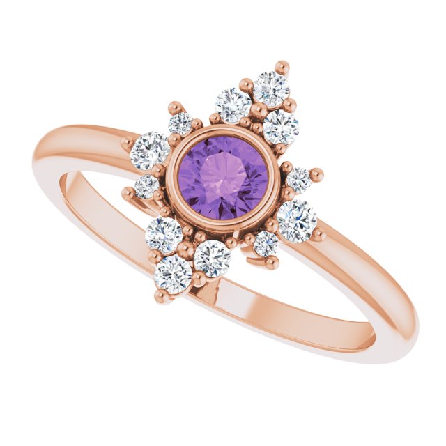 14K Gold Round Natural Amethyst Halo-Style Ring – 4mm Stones - Rose Gold - view 5