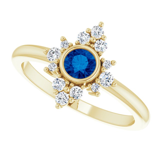 14K Gold Round Lab-Grown Blue Sapphire Halo-Style Ring - Yellow Gold - view 5