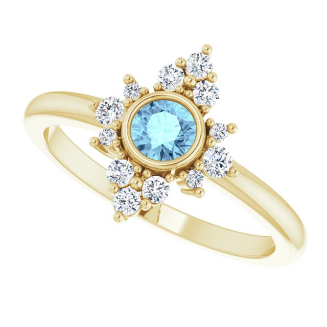 14K Gold Round Natural Aquamarine Halo-Style Ring - Yellow Gold - view 5
