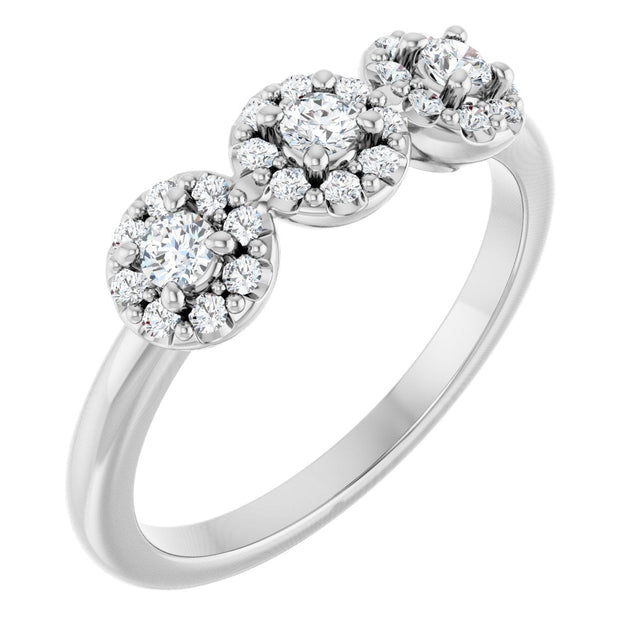 14K Gold Oval Natural Diamond Three-Stone Halo-Style Anniversary Band - White Gold