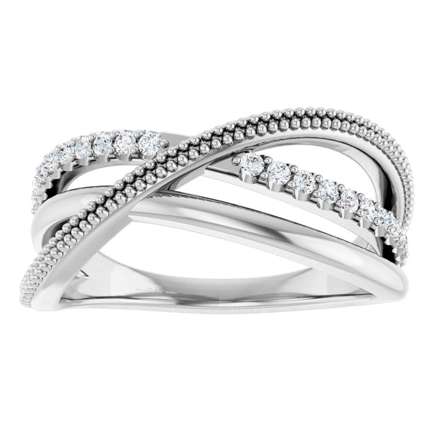 14K Gold Round Natural Diamond Criss-Cross Ring V - White Gold - view 3