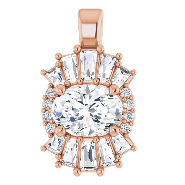 14K Gold Oval Natural White Sapphire Halo-Style Necklace or Pendant - Rose Gold