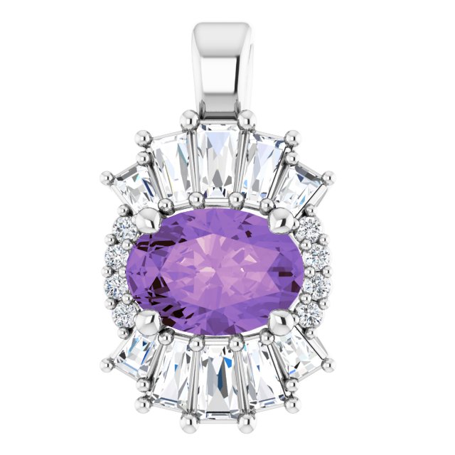 Platinum Oval Natural Amethyst Halo-Style Necklace or Pendant