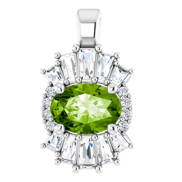 Platinum Oval Natural Peridot Halo-Style Necklace or Pendant