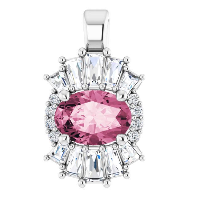 Platinum Oval Natural Pink Tourmaline Halo-Style Necklace or Pendant
