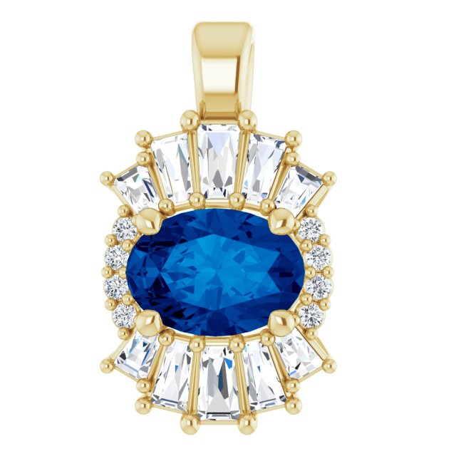 14K Gold Oval Natural Blue Sapphire Halo-Style Necklace or Pendant - Yellow Gold