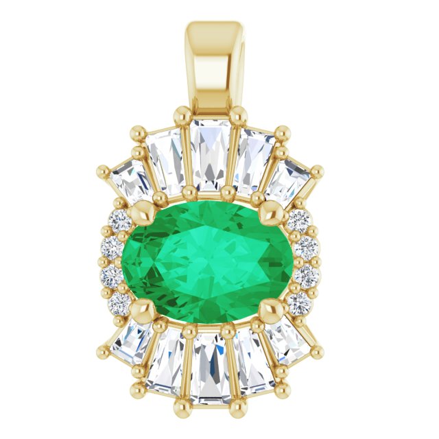 14K Gold Oval Natural Emerald Halo-Style Necklace or Pendant - Yellow Gold