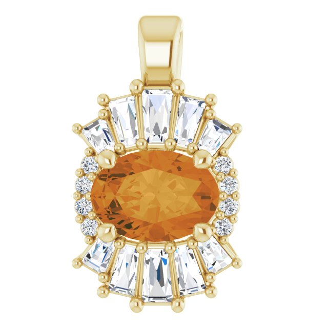 14K Gold Oval Natural Citrine Halo-Style Necklace or Pendant - Yellow Gold