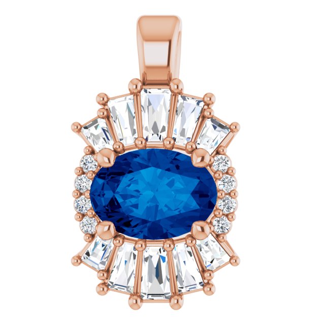 14K Gold Oval Natural Blue Sapphire Halo-Style Necklace or Pendant - Rose Gold
