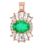 14K Gold Oval Natural Emerald Halo-Style Necklace or Pendant - Rose Gold