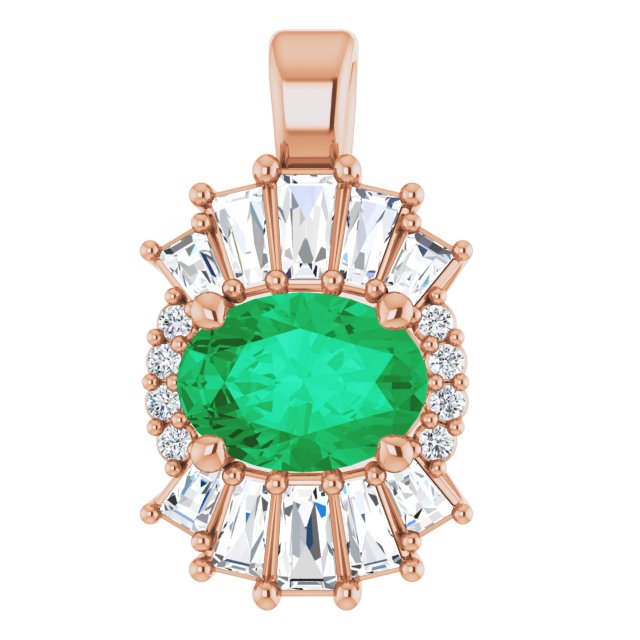 14K Gold Oval Natural Emerald Halo-Style Necklace or Pendant - Rose Gold