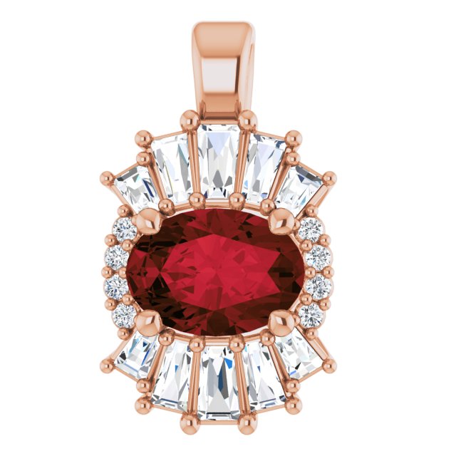 14K Gold Oval Natural Mozambique Garnet Halo-Style Necklace or Pendant - Rose Gold