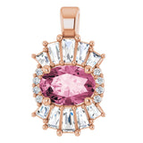 14K Gold Oval Natural Pink Tourmaline Halo-Style Necklace or Pendant - Rose Gold
