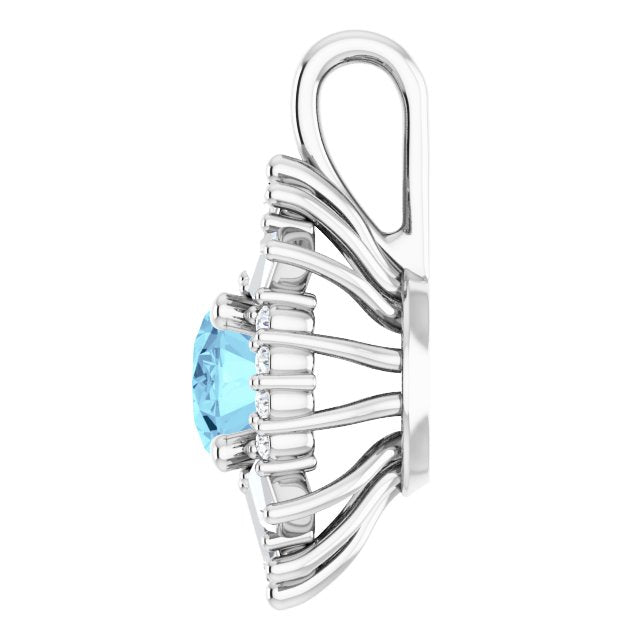 14K Gold Oval Natural Aquamarine Halo-Style Necklace or Pendant - White Gold - view 3
