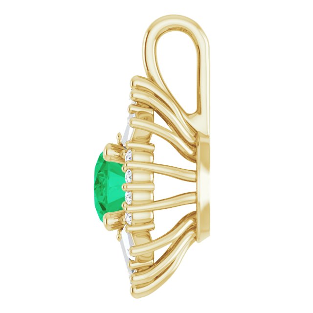 14K Gold Oval Natural Emerald Halo-Style Necklace or Pendant - Yellow Gold - view 3