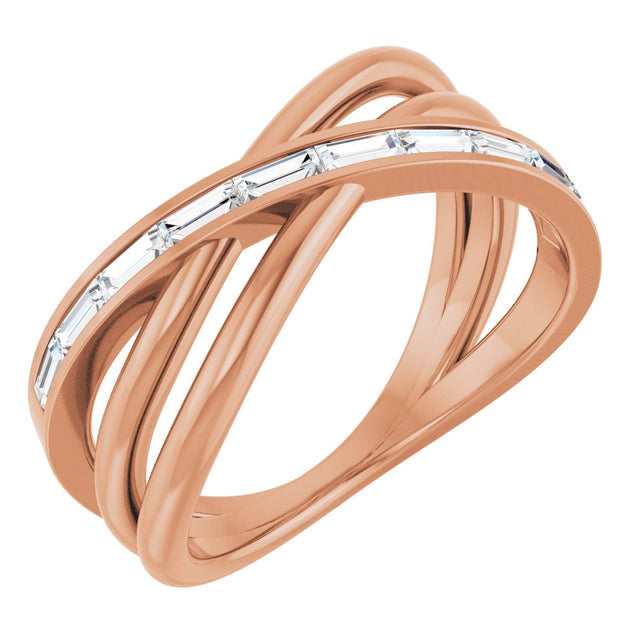 14K Gold Straight Baguette Natural Diamond Channel-Set Criss-Cross Ring - Rose Gold