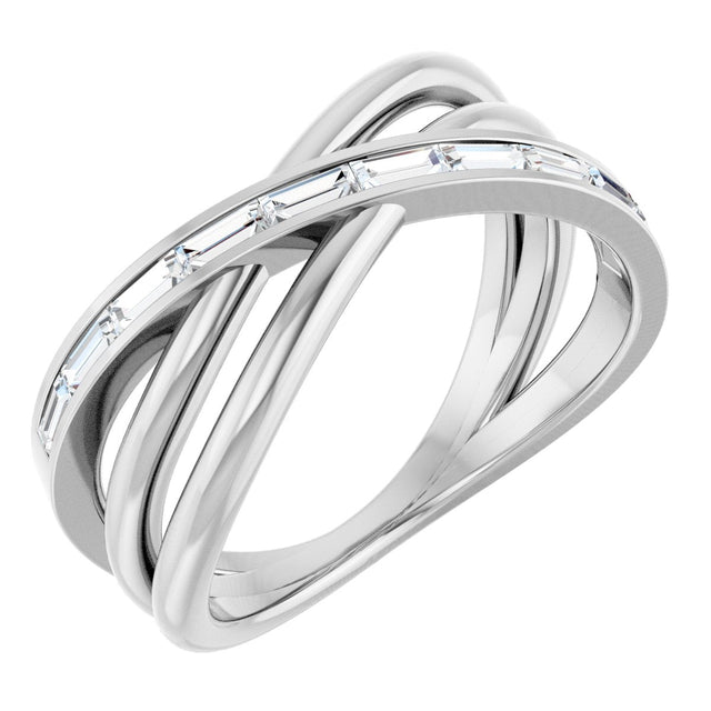 14K Gold Straight Baguette Natural Diamond Channel-Set Criss-Cross Ring - White Gold