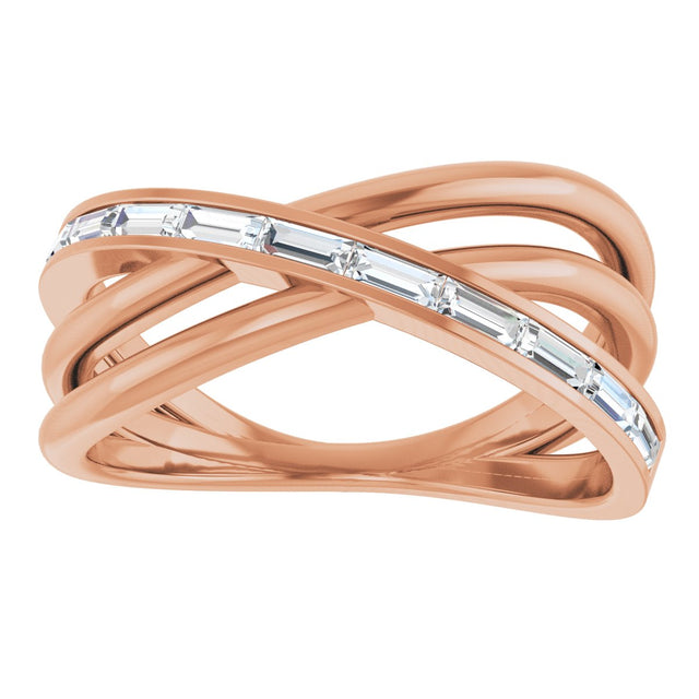 14K Gold Straight Baguette Natural Diamond Channel-Set Criss-Cross Ring - Rose Gold - view 3