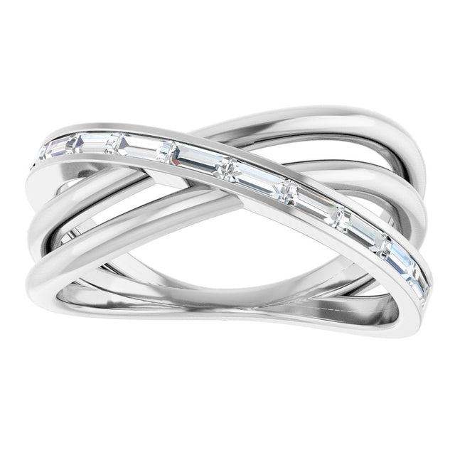 14K Gold Straight Baguette Natural Diamond Channel-Set Criss-Cross Ring - White Gold - view 3