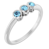 Platinum Round Natural Aquamarine Three-Stone Bezel-Set Ring