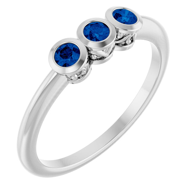 14K Gold Round Natural Blue Sapphire Three-Stone Bezel-Set Ring - White Gold