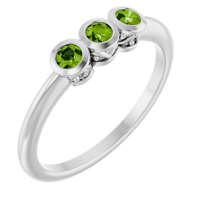 Platinum Round Natural Peridot Three-Stone Bezel-Set Ring