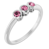 Platinum Round Natural Pink Tourmaline Three-Stone Bezel-Set Ring