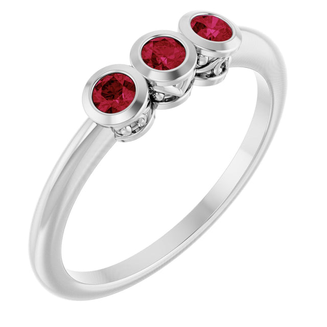 Platinum Round Natural Ruby Three-Stone Bezel-Set Ring