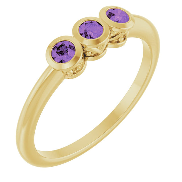 14K Gold Round Natural Amethyst Three-Stone Bezel-Set Ring - Yellow Gold