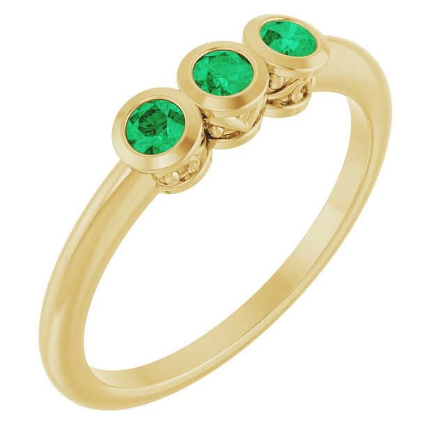 14K Gold Round Natural Emerald Three-Stone Bezel-Set Ring - Yellow Gold