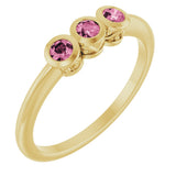 14K Gold Round Natural Pink Tourmaline Three-Stone Bezel-Set Ring - Yellow Gold