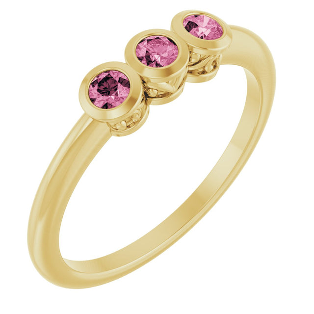 14K Gold Round Natural Pink Tourmaline Three-Stone Bezel-Set Ring - Yellow Gold