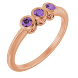 14K Gold Round Natural Amethyst Three-Stone Bezel-Set Ring - Rose Gold
