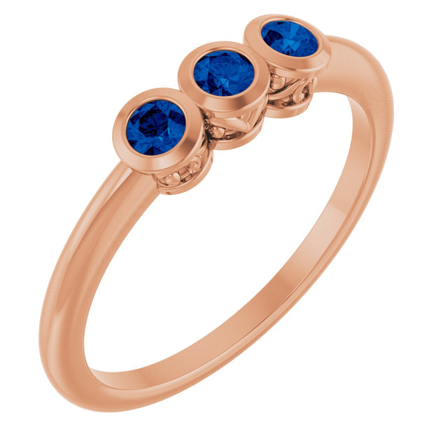 14K Gold Round Natural Blue Sapphire Three-Stone Bezel-Set Ring - Rose Gold