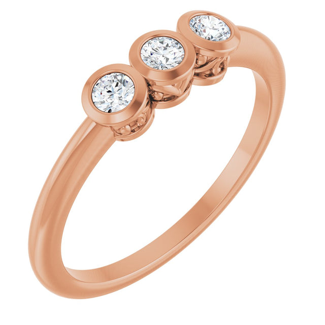 14K Gold Round Natural Diamond Three-Stone Bezel-Set Ring – 2.5-4mm Stones - Rose Gold