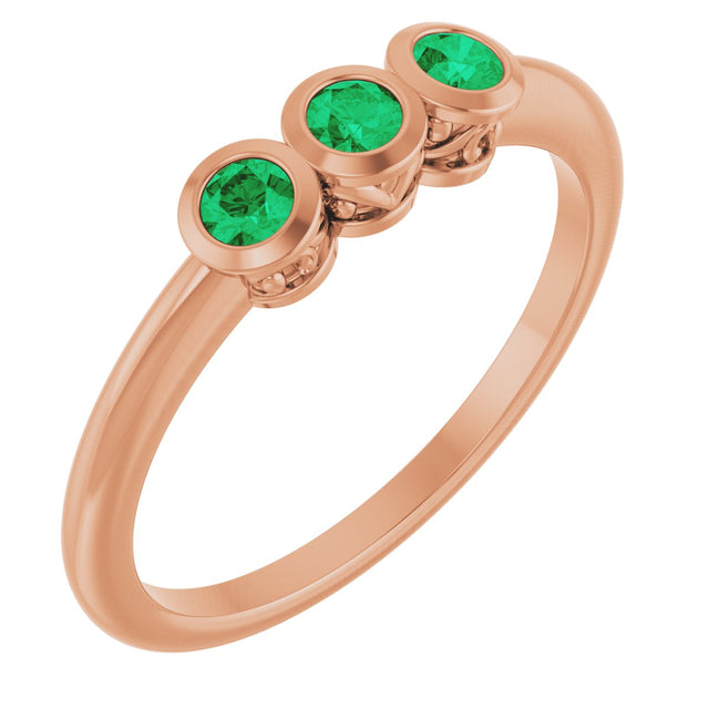14K Gold Round Natural Emerald Three-Stone Bezel-Set Ring - Rose Gold