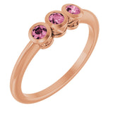 14K Gold Round Natural Pink Tourmaline Three-Stone Bezel-Set Ring - Rose Gold