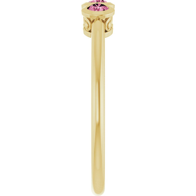 14K Gold Round Natural Pink Tourmaline Three-Stone Bezel-Set Ring - Yellow Gold - view 4