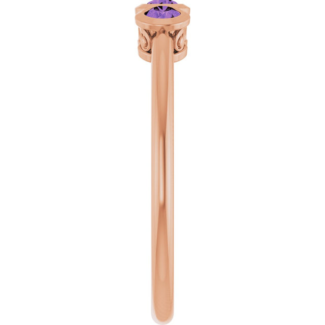 14K Gold Round Natural Amethyst Three-Stone Bezel-Set Ring - Rose Gold - view 4