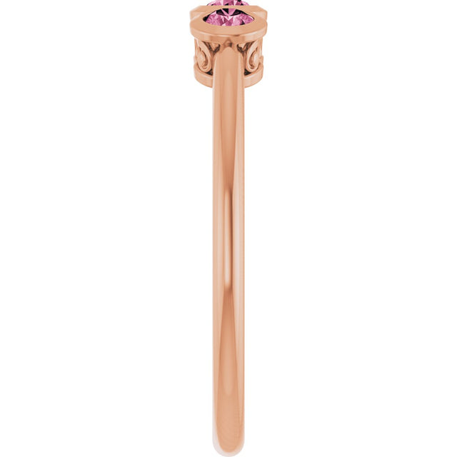 14K Gold Round Natural Pink Tourmaline Three-Stone Bezel-Set Ring - Rose Gold - view 4