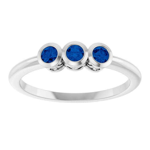 14K Gold Round Natural Blue Sapphire Three-Stone Bezel-Set Ring - White Gold - view 3